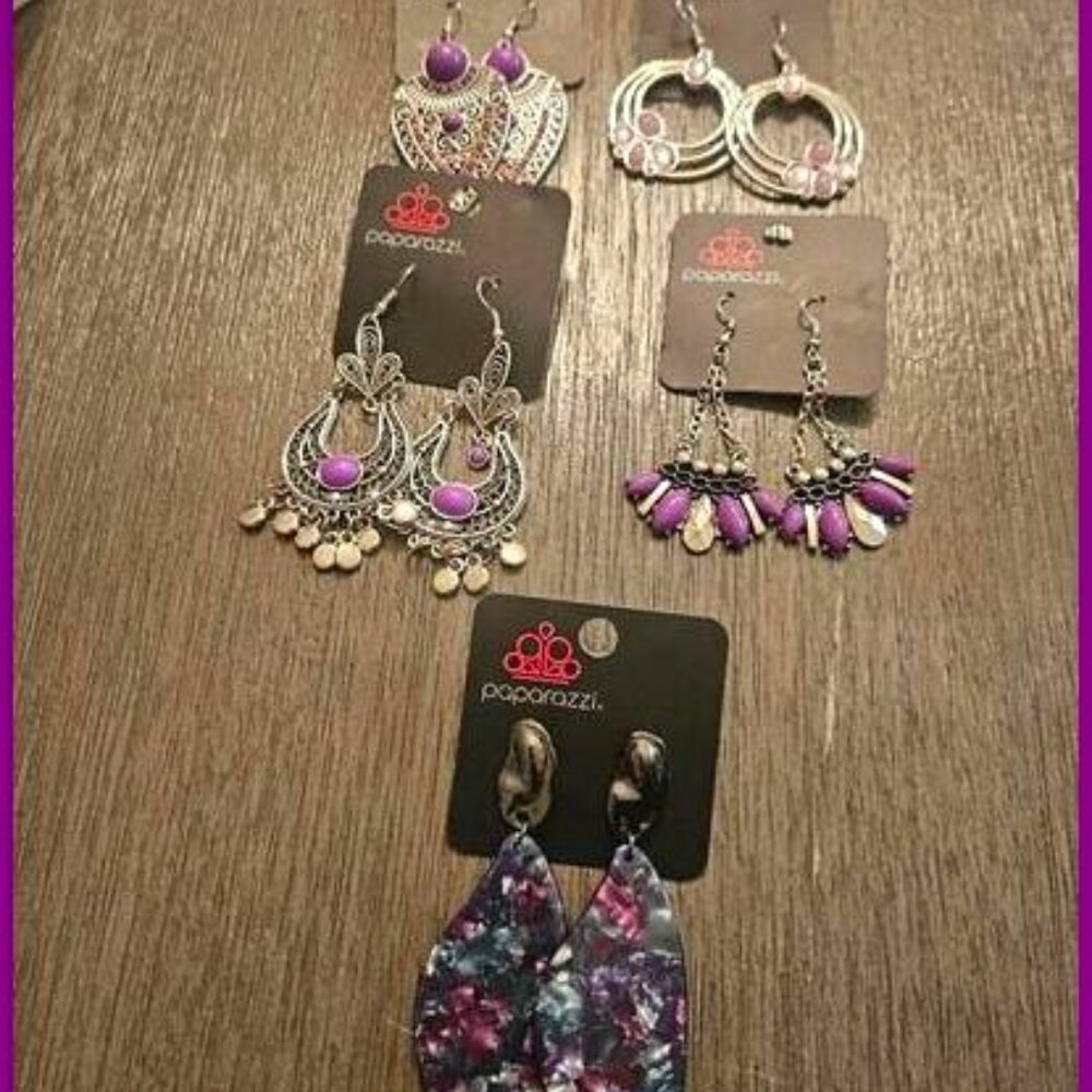 5 Pair of Purple Paparazzi Earrings!! Great for Gifts!